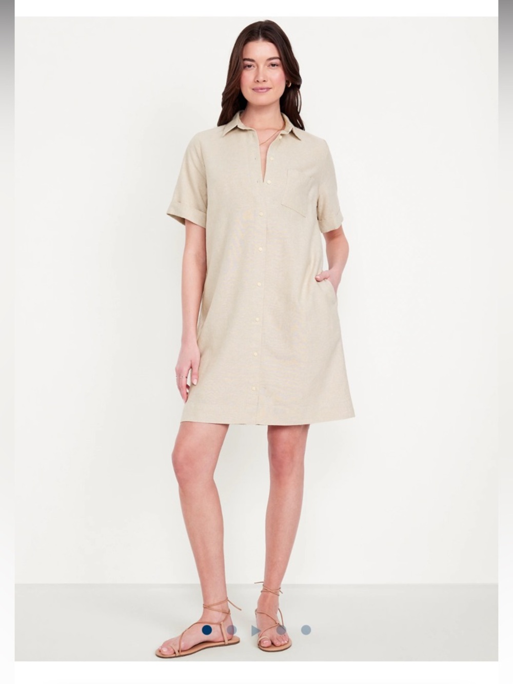 Old Navy Linen Blend Shirt Dress Neutral Short-Sleeve